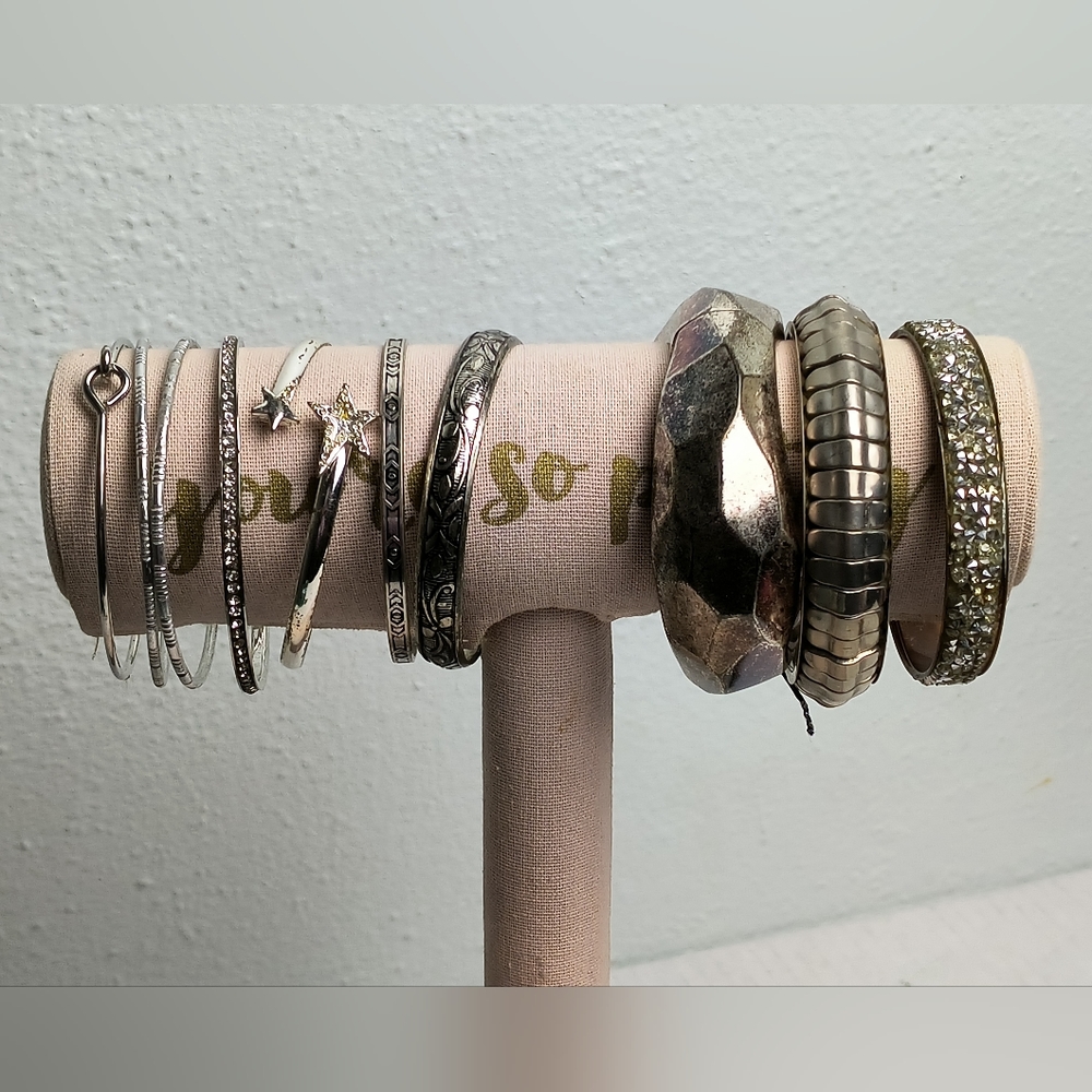 Silver Tone Bangle Bracelet Women's Lot 10 Fashion Jewelry
